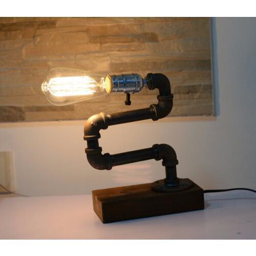 Loft Living Room Designer Lifestyle Edison Water Pipe Desk Top Table Lamp Antique Steel Piping Retro Nostalgic Lamp Wood Base
