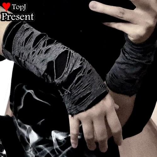 Punk Black Broken Slit Gothic Unisex Glove Fingerless Cuff Ninja Sport Hole Mitten Cool hip pop Ragged and decadent gloves