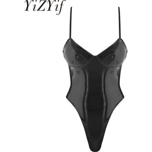 Women Sexy Thong Bodysuits One-piece Wetlook Patent Leather Lingerie Front Plunging High Cut Thong Leotard Bodysuit Nightwear