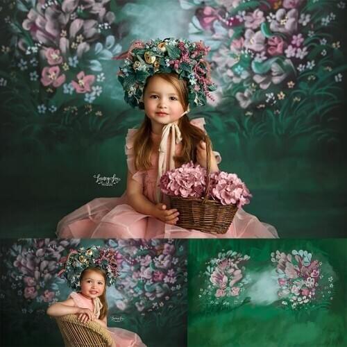 Purple Flowers Dark green Backdrop Girls Cake Smash Newborn Baby Photography Background 1st Birthday Party Decoration Banner