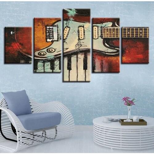 Canvas Paintings 5 Pieces Musical Instruments Guitar And Piano Keys Pictures Canvas HD Prints Art Posters Frame Home Room Decor