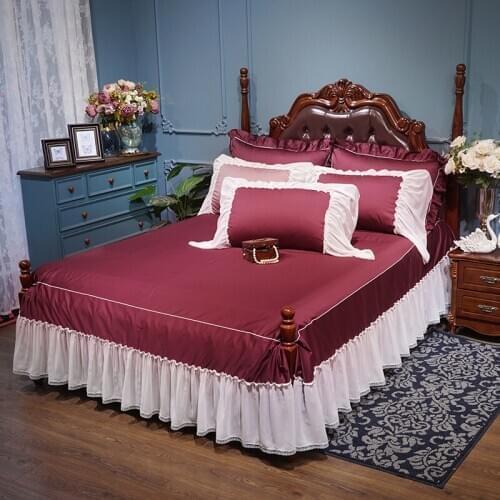 Red Gray Pink 100% Cotton Quilting Queen Size Bed Skirt For Girls BedSpread Pillowcase