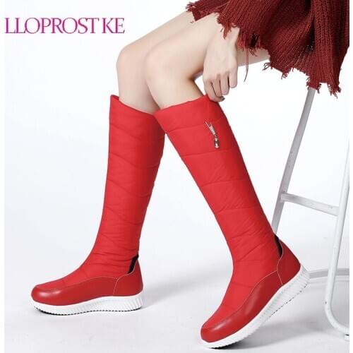 Lloprost ke 2021 Snow Boots Down PU Leather Round Toe Casual Slip on Women Shoes Winter Keep Warm Wedge Heel Knee High Boots