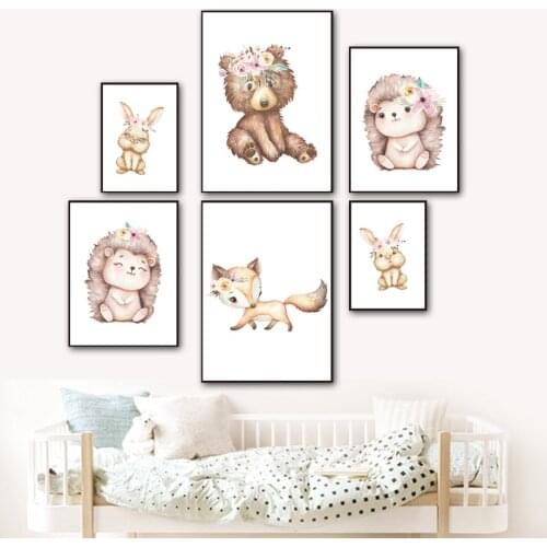 Cute Bear rabbit fox hedgehog Nursery Wall Art Canvas Painting Nordic Posters And Prints Wall Pictures Baby Room bedroom Decor