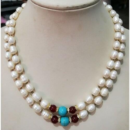 Beautiful New 2 Row Natural 7-8MM White Cultured Freshwater Rice Pearl Necklace 17-18"