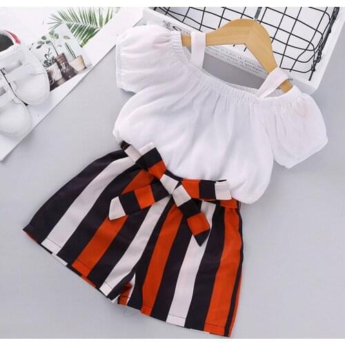 New Summer Suit Girl Clothes Princess Suspender Tops + Striped Shorts Cute Casual Fashion Childrens Clothing Suits