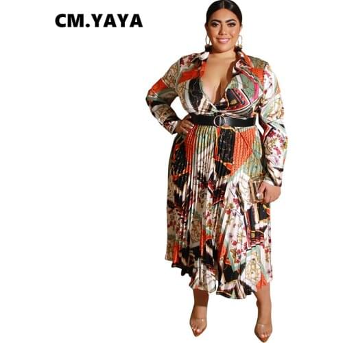 CM.YAYA Autumn Winter Women Long Sleeve Midi Bodycon Dress National Print Pleated Sexy Club Party Plus Size XL-5XL Dress