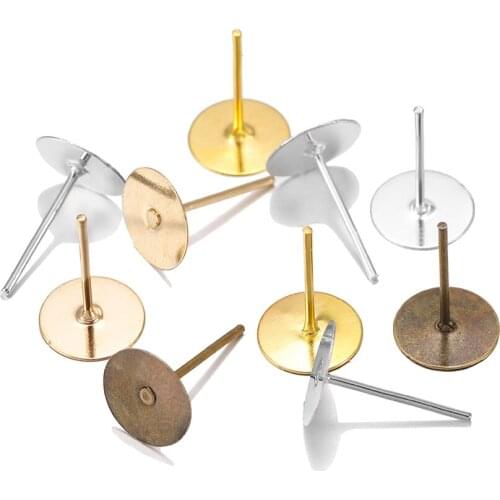 100Pcs/lot 4 5 6 8 10mm Metal Gold Plated Flat Post Back Earring Base Cabochon Cameo Settings For DIY Jewelry Making Supplies