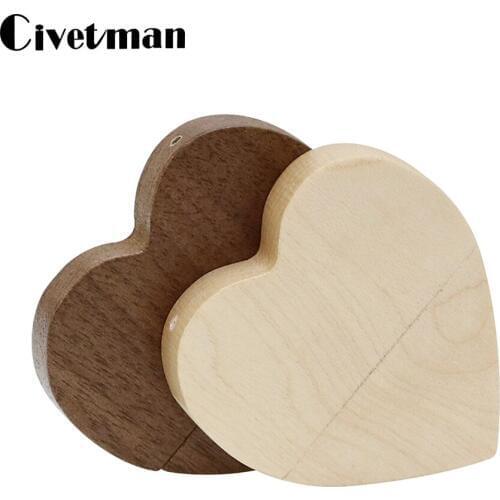 Real Wood Flash Drive Wooden Heart USB 2.0 Memory Stick Pen Drive 16GB 32GB 64GB 128GB 256GB Pendrive Memoria USB with Keychain