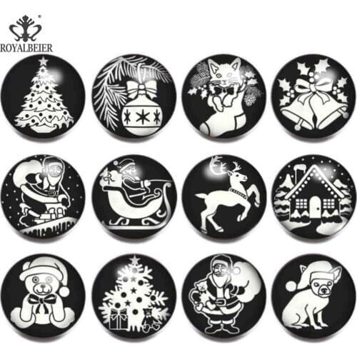 RoyalBeier 12pcs/lot Glass Snap Button Christmas Theme Black And White Patterns 18mm Snaps Beads For Bracelet Jewelry Making