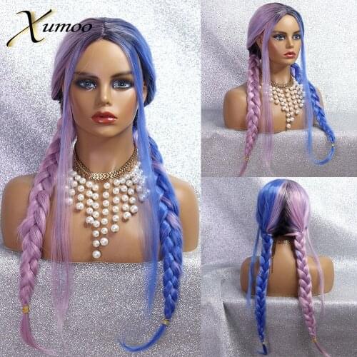 XUMOO High Temperature Fiber Synthetic Wig Ombre Black Half Blue Purple Non-Lace Wig Cosplay Braided Wigs For Black Women
