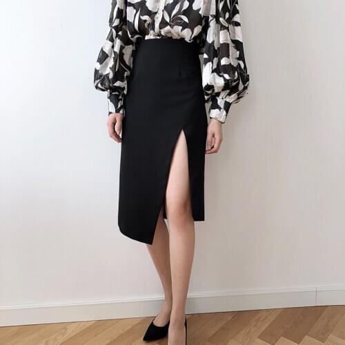 2020 High Waist Bodycon Saia Women Sexy Split Hem Black Midi Length Pencil Skirt Faldas Jupe Femme