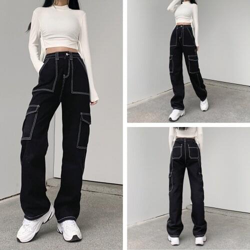2021 New Women Straight Wide Leg Jeans, Trendy Stitching High Waist Relaxed Fit Denim Pants with Pockets Joker