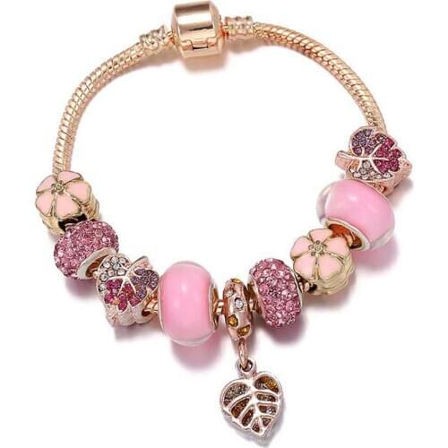 Rose Gold Flower Bead Bracelet And Bangle Womens Pulseira Feminina Charm Crystal Jewelry Fashion Bracelet Gifts