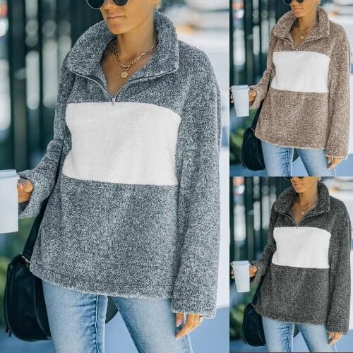 Women Winter Warm Faux Lamb Wool Sweatshirt Contrast Color Long Sleeve Thick Pullover Top Coat Outwear 2021 E-Girls Streetwear