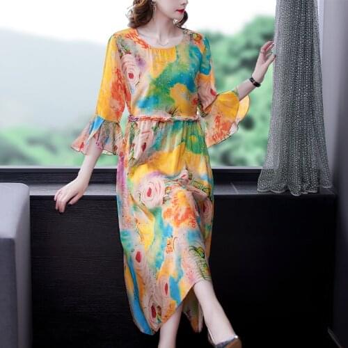 2021 Summer Boho Print Mulberry Silk Beach Midi Dress Women Casual Vintage 4XL Plus Size Dresses Elegant Bodycon Party Vestidos