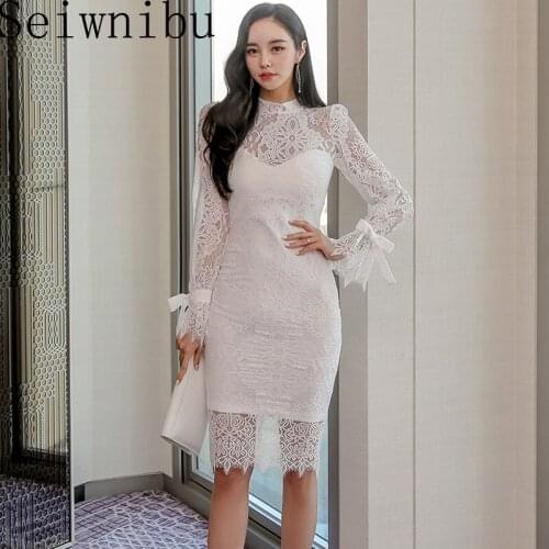 Seiwnibu Elegant Dress Fashion Streetwear Embroidery Long Sleeve Stand Collar Comfort Sexy Dress White Bow Tie Vestidos