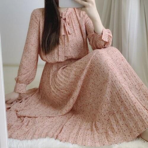 Elegant Temperament Flower Print Dresses for Women Tie Collar Long Sleeve Dress 2021 Elastic Waist Pleated Vestidos Feminino