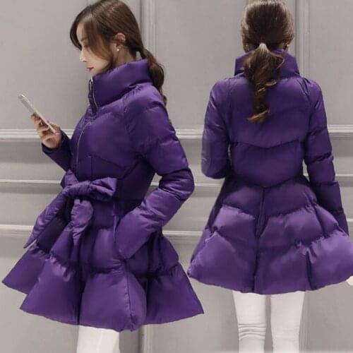 Winter Jacket 2021 New Korean Womens Thicken Warm Stand collar Cotton Padded Coat Parkas Purple Female Slim Bow Waist Outwear