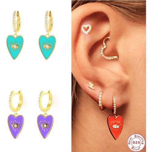 GS 925 Sterling Silver Colored Cyan Blue Purple Enamel Heart Pendant Dangle Earrings For Women Luxury Zircon Circle Earrings