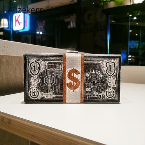 Shiny Dollar Diamonds Evening Handbags Women 2020 New Luxury Designer Small Square Chain Rhinestones Party Dinner Purse Fashion