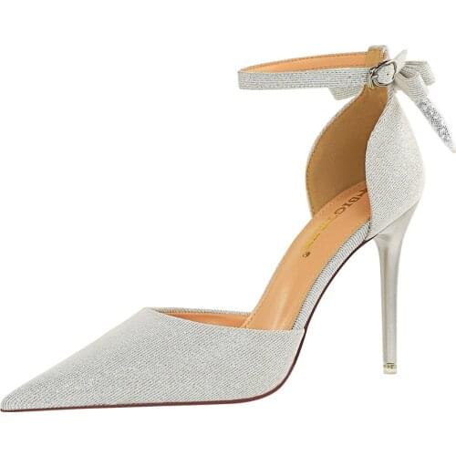 Women High Heels Pointed Toe Sandals Party Dress Shoes Champagn Bow-knot Ladies Elegant Pumps Thin Heels Summer Ankle Strap
