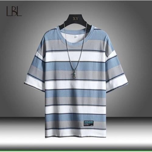 Men Summer Cotton Stripped Tshirt Men Casual Clothes Streetwear Round Neck Tees Male Fashion Short Sleeve Oversized Tshirts Tops