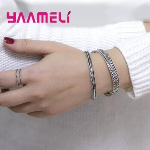 Gothic Punk Women Jewelry Vintage Sterling Silver 925 Women Cuff Bangles Bracelet Popular Feather Leaf Pattern Opening Resizable