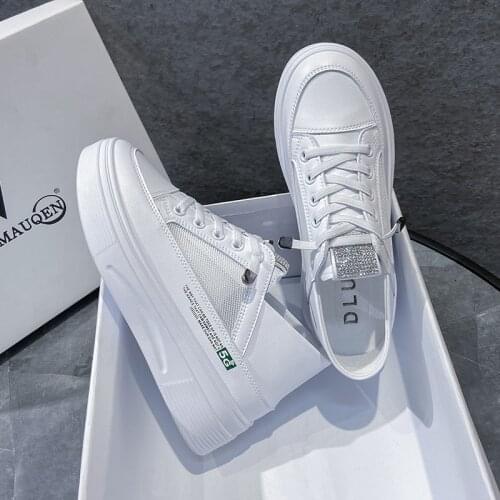 Womens High White Platform Shoes With Thick Soles Canvas Sneakers Solid Color Lace Fashion High Style Skateboarding Shoes