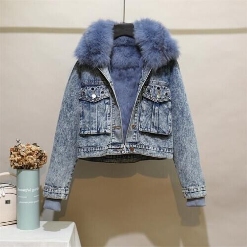 Winter New 3XL Women Denim Parka Real Fox Fur Collar Rabbit Fur Lining Cowboy Jacket Large Size Short Washed Distressed Coat