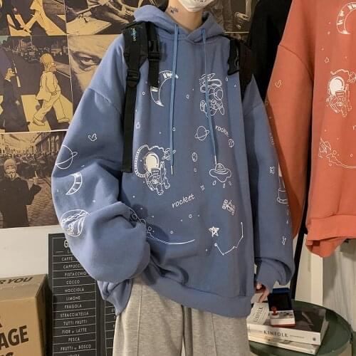 2021 Autumn Men Hooded Sweatshirts Cartoon Space Print Pullover Hip Hop Loose Hoodie Streetwear Mens Oversized Hoodies