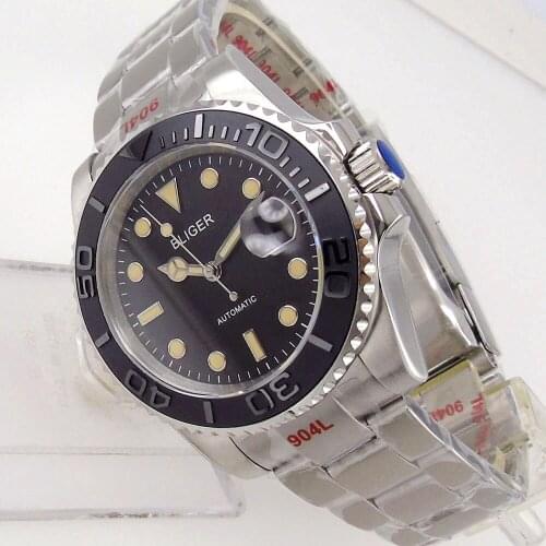 Japan Miyota 8215 Movement Bliger 40mm Mens Automatic Watch Date Cyclops Sapphire Oyster Bracelet Rotating Bezel Glide Lock