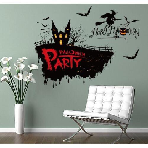 Happy Halloween Wall Sticker Bats Witch Spider Web Pumpkin Pvc Peel off Waterproof Stickers Party Scary Horror Diy Decor 70X50cm