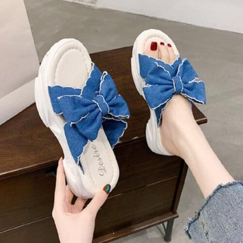 New Thick Bottom Bow Blue Beach Slippers Hot Sale Summer Fashion Elegant And Exquisite Ladies Slippers For Outer Wear