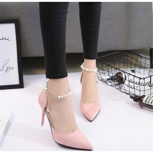 New Spring High Heels Lace Tip Thin Mouth with Beaded Single Shoe aword Buckle kitten heel Sandals