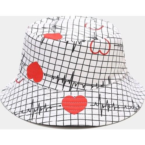 New Cotton Fishing Hat Women Men Hip Hop Cap Couple Heart Print Panama Bucket Hat Sun Flat Top Fisherman Hats Caps Boonie Gift