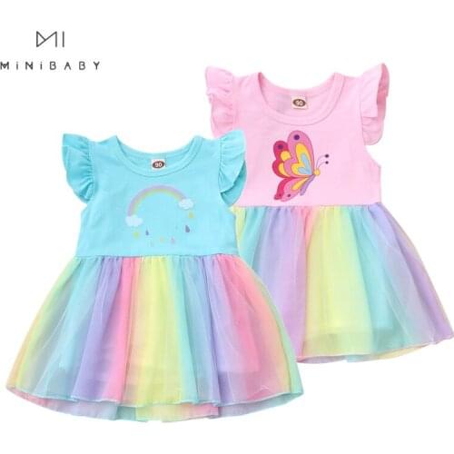 Girls Dress Children Clothes Summer 2021 Princess Dresses With Flying Sleeve 2-7y Toddler Party Costume Butterfly Print Infants