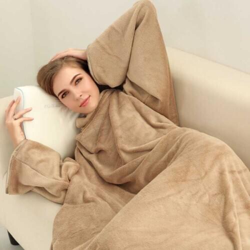 Microfiber Plush Coral Fleece Sherpa Blanket With Sleeves Super Soft Warm Outdoor Grey Hoodie Adult Winter Hooded TV Blankets