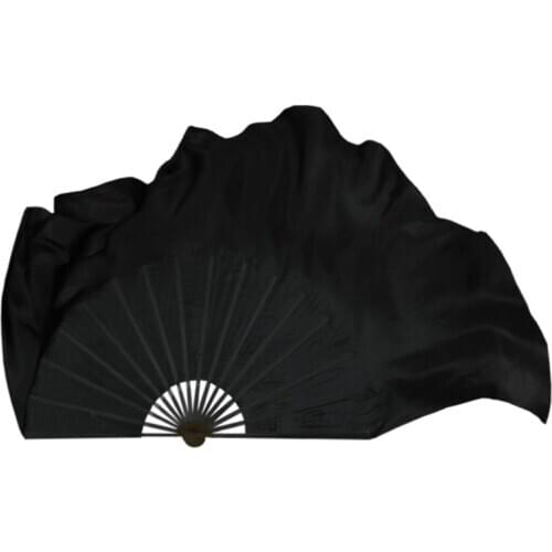 Full Black Real Silk Bamboo Fan Veil Pairs(1L+1R) Women Belly Dance Half Moon Circle Fan Double Layers Light Weight 41cm 86cm