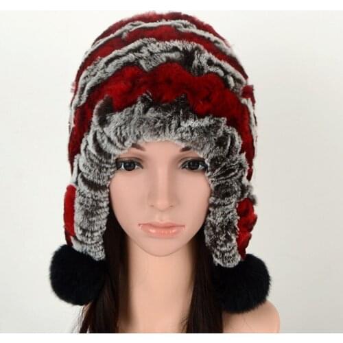 Rex Rabbit Wool Woven Hat Childrens Winter Warm Outdoor Cold Proof Ear Protection Lace Up Wool Ball Womens Cap Fur