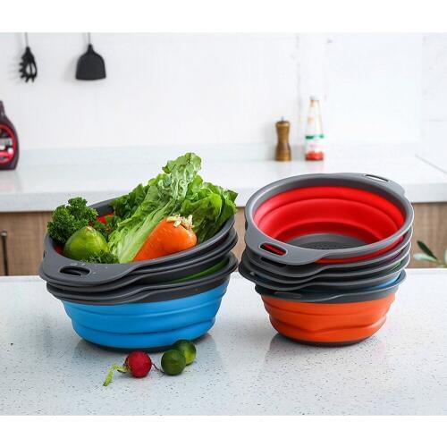 Large Size Folding Drain Basket-Green Circle Drain Basket Telescopic Folding Brasket 2 Pieces Rubber-Plastic Fruit Basket
