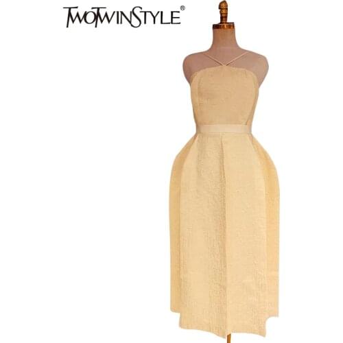 TWOTWINSTYLE Elegant Yellow Summer Dress Females Halter Cold Shoulder High Waist Plain Midi Dresses For Women 2021 Fashion Style