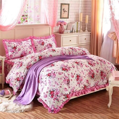 Vintage Style Garden Flowers Duvet Cover Set 100%Cotton Queen King 4/6Pcs Bedding set Quilted Bedskirt/Bedspread Pillow shams