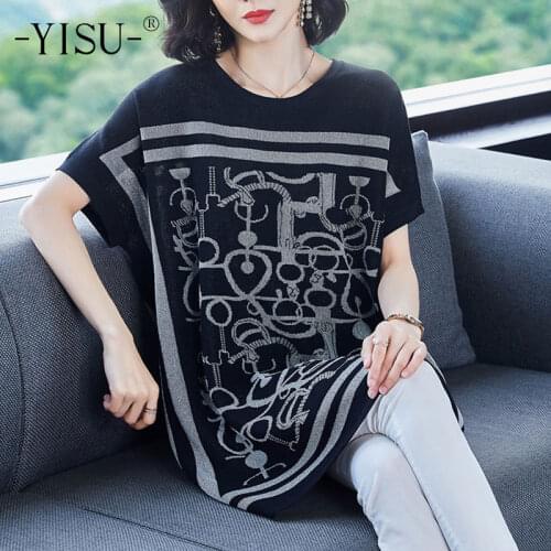 YISU 2021 Womens clothing O-Neck printing Summer tops Short sleeve Jumper Female Casual Knitted Thin T-shirt