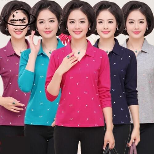 Cotton Women Polo Shirt Spring Autumn Size XL-4XL Ladies Long Sleeve Print Tee Female Turn-Down Collar Tops Y39