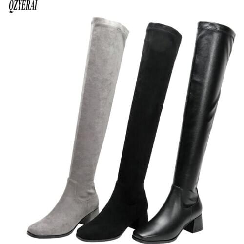 2021 Winter New style Genuine leather Over the knee boots Women boots Motorcycle boots stretch warm Real cowhide Women shoes