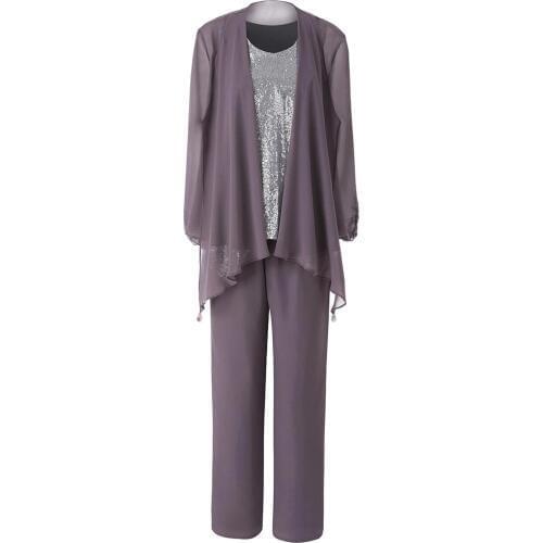 Women Silver Sequins Loose Top Puffy Mother of the Bride Dress Pant Suits Chiffon Outfit Jacket 3 Pieces Evening Gown M10