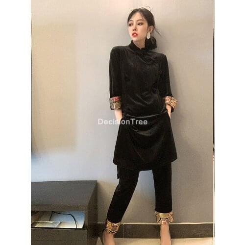 2021 chinese dress hanfu cheongsam women top+pants set chinese traditional qipao chinese traditional cheongsam top pants set