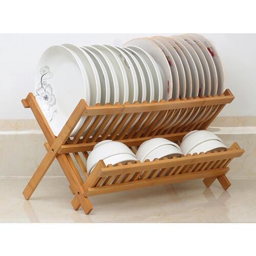 2 Levels Bamboo Folding Dish Rack Dish Drying Rack Holder Utensil Drainer Collapsible Compact Wooden Dinner Plates Holder