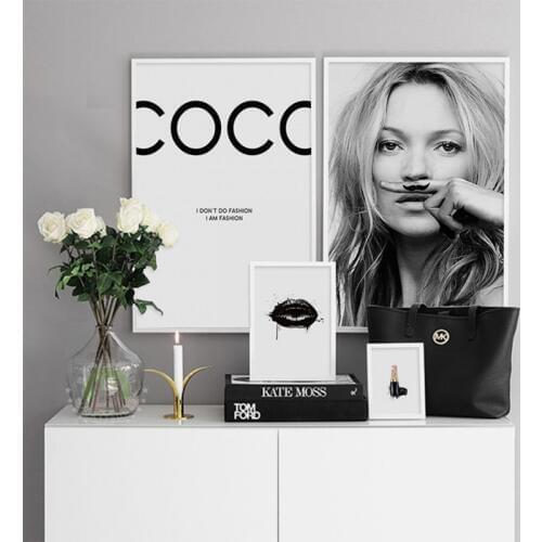 Abstract Modern Fashion Girl Wall Art Canvas Painting Black White COCO Lip Salon Poster Print Picture for Living Room Home Decor